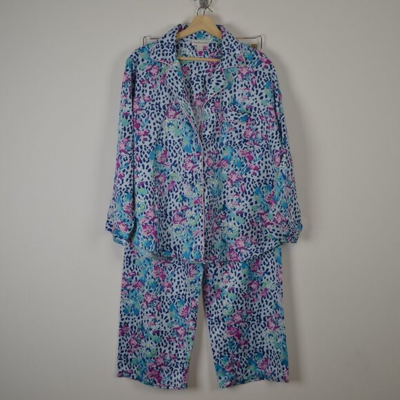 Miss Elaine Long Sleeve Floral 2 Piece Pajama Pants Set Button Down Satin Large - Picture 1 of 10